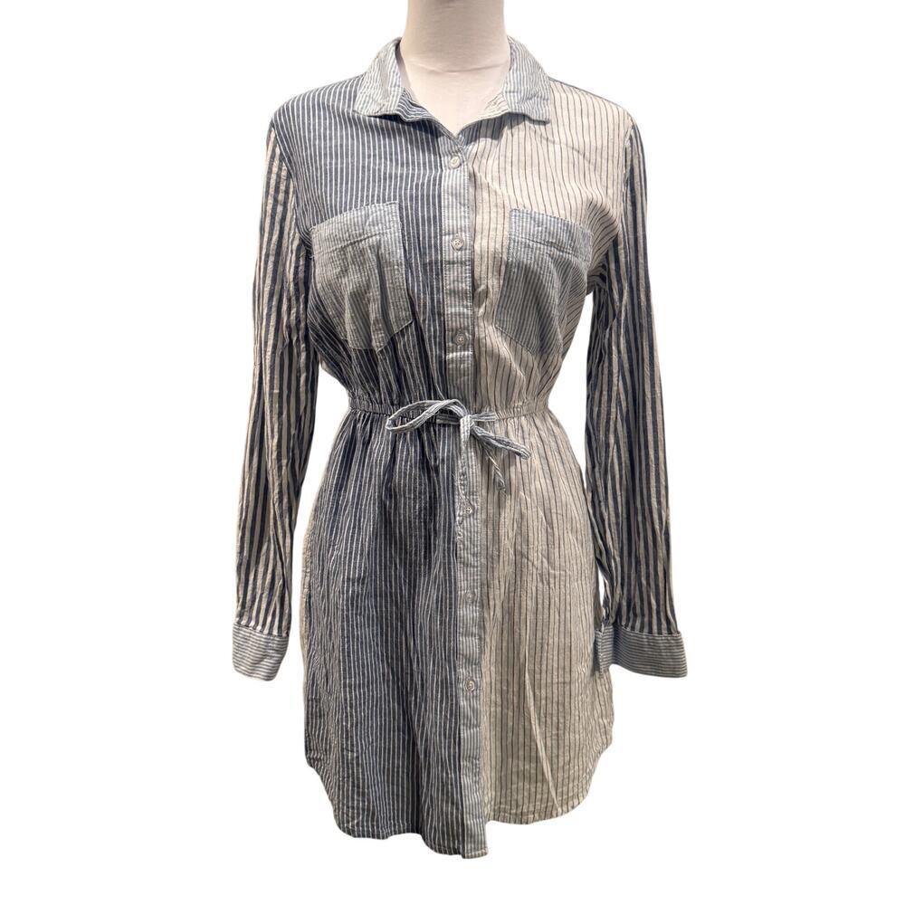 Japna Blue Striped Shirt Dress Tie Waist Coastal Cottagecore Medium 100% Cotton